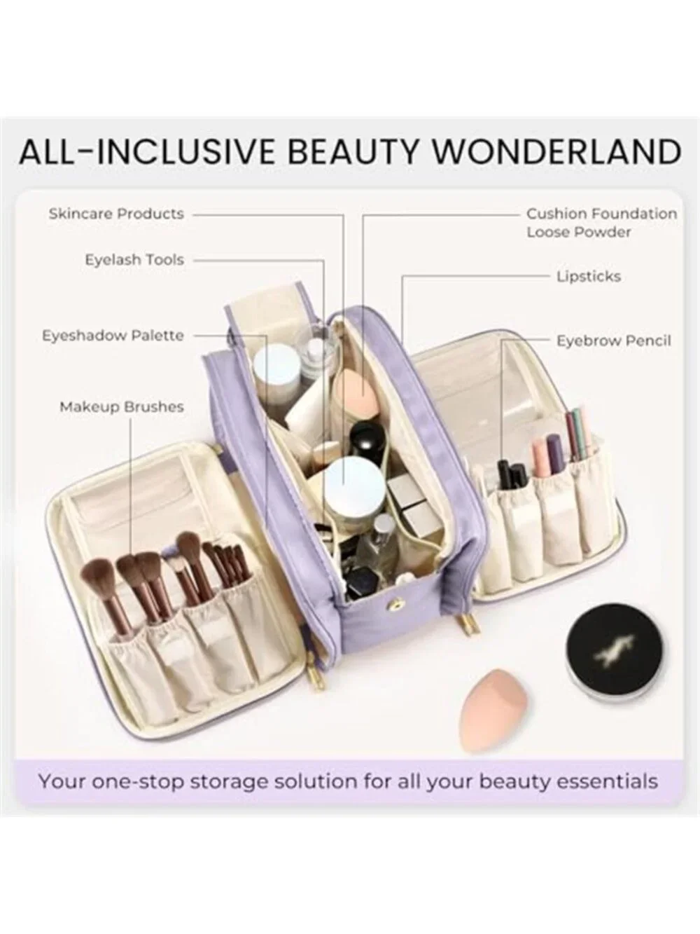 Large Makeup Bag Travel Cosmetic Organizer Waterproof Toiletry Bag Brush Holder